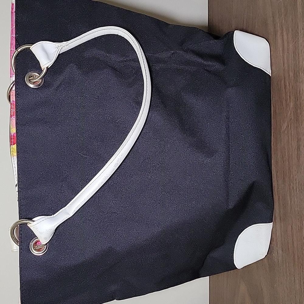 Lancome Large Tote Bag Black/ Floral Reversible White Shoulder Handles